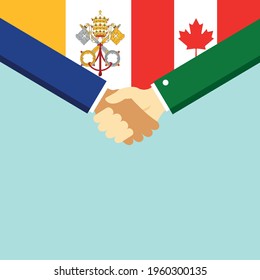 El apretón de manos y dos banderas Canadá y el Vaticano. Ilustración vectorial de estilo plano.