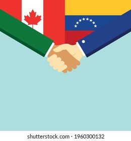 The handshake and two flags Canada and Venezuela. Flat style vector illustration.
