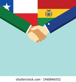 Der Handschlag und zwei Flaggen Chile und Bolivien. Flache Vektorgrafik.