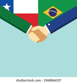 The handshake and two flags Chile and Brazil. Flat style vector illustration.