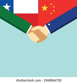 The handshake and two flags Chile and China. Flat style vector illustration.