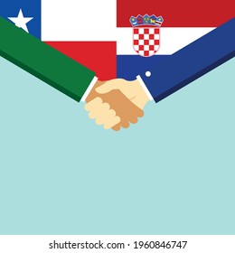 Der Handschlag und zwei Flaggen Chile und Kroatien. Flache Vektorgrafik.