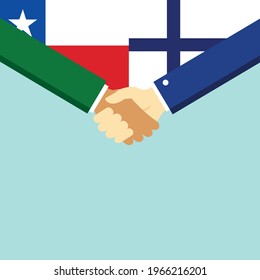 The handshake and two flags Chile and Finland. Flat style vector illustration.