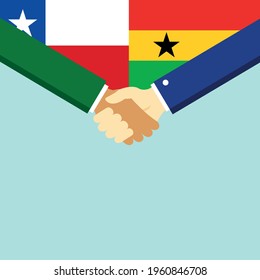 El apretón de manos y dos banderas son Chile y Ghana. Ilustración vectorial de estilo plano.