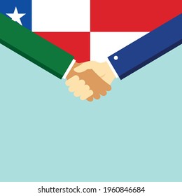 The handshake and two flags Chile and Indonesia. Flat style vector illustration.