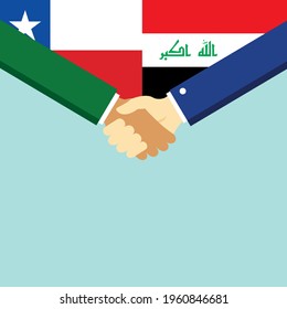The handshake and two flags Chile and Iraq. Flat style vector illustration.