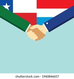 The handshake and two flags Chile and Luxembourg. Flat style vector illustration.