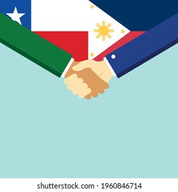 The handshake and two flags Chile and Philippines. Flat style vector illustration.