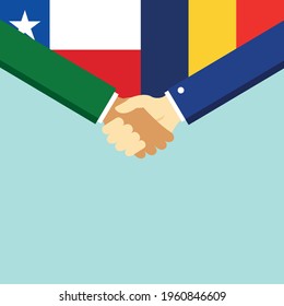 Der Handschlag und zwei Flaggen Chile und Rumänien. Flache Vektorgrafik.