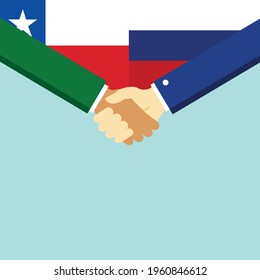 The handshake and two flags Chile and Russia. Flat style vector illustration.