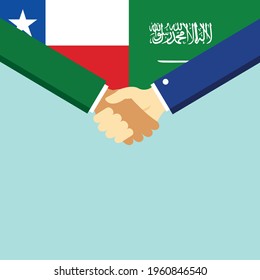 The handshake and two flags Chile and Saudi Arabia. Flat style vector illustration.