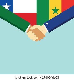 El apretón de manos y dos banderas son Chile y Senegal. Ilustración vectorial de estilo plano.