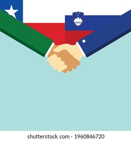 El apretón de manos y dos banderas son Chile y Eslovenia. Ilustración vectorial de estilo plano.