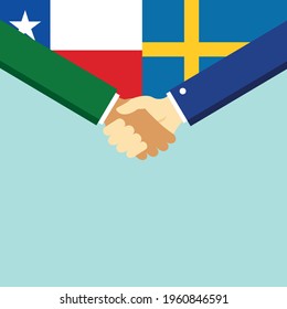 The handshake and two flags Chile and Sweden. Flat style vector illustration.