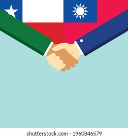 The handshake and two flags Chile and Taiwan. Flat style vector illustration.