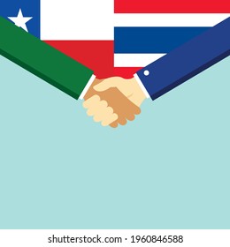 The handshake and two flags Chile and Thailand. Flat style vector illustration.