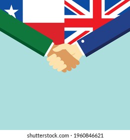 Der Handschlag und zwei Flaggen Chile und Vereinigtes Königreich. Flache Vektorgrafik.