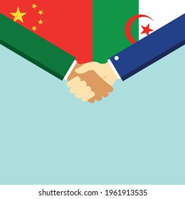 The handshake and two flags China and Algeria. Flat style vector illustration.
