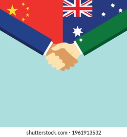 The handshake and two flags China and Australia. Flat style vector illustration.