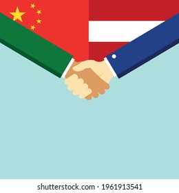 Der Handschlag und zwei Flaggen China und Österreich. Flache Vektorgrafik.
