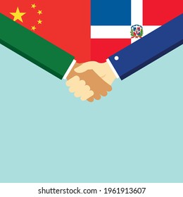 The handshake and two flags China and Dominican Republic. Flat style vector illustration.