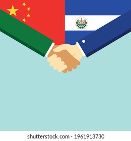 The handshake and two flags China and El Salvador. Flat style vector illustration.