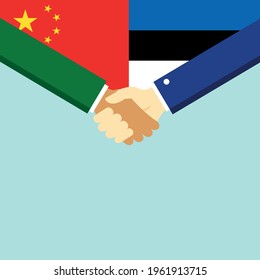 The handshake and two flags China and Estonia. Flat style vector illustration.