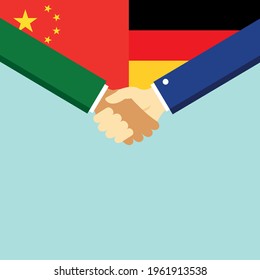 The handshake and two flags China and Germany. Flat style vector illustration.