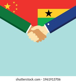The handshake and two flags China and Ghana. Flat style vector illustration.