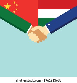 The handshake and two flags China and Hungary. Flat style vector illustration.