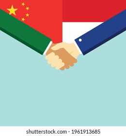 The handshake and two flags China and Indonesia. Flat style vector illustration.