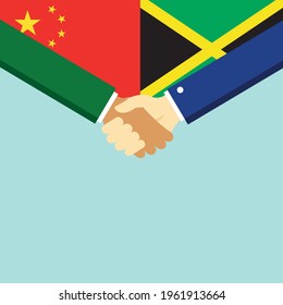 The handshake and two flags China and Jamaica. Flat style vector illustration.