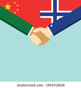 The handshake and two flags China and Norway. Flat style vector illustration.