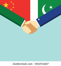 The handshake and two flags China and Pakistan. Flat style vector illustration.