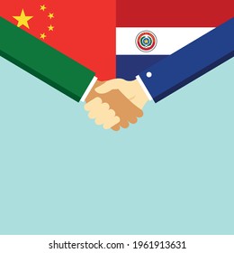 The handshake and two flags China and Paraguay. Flat style vector illustration.