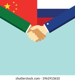 The handshake and two flags China and Russia. Flat style vector illustration.