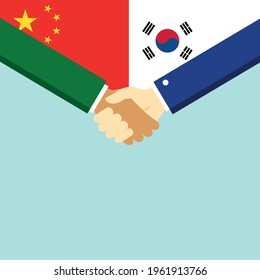 The handshake and two flags China and South Korea. Flat style vector illustration.