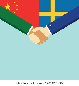 The handshake and two flags China and Sweden. Flat style vector illustration.