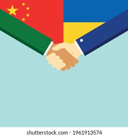 The handshake and two flags China and Ukraine. Flat style vector illustration.