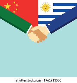 The handshake and two flags China and Uruguay. Flat style vector illustration.