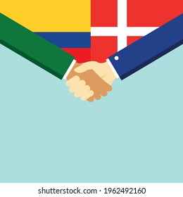 The handshake and two flags Colombia and Denmark. Flat style vector illustration.