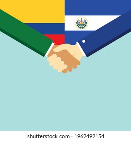El apretón de manos y dos banderas: Colombia y El Salvador. Ilustración vectorial de estilo plano.