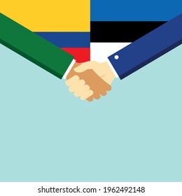 Der Handschlag und zwei Flaggen Kolumbien und Estland. Flache Vektorgrafik.