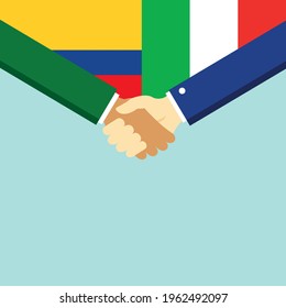 The handshake and two flags Colombia and Italy. Flat style vector illustration.