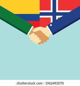 The handshake and two flags Colombia and Norway. Flat style vector illustration.