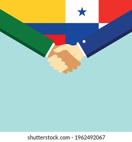 The handshake and two flags Colombia and Panama. Flat style vector illustration.