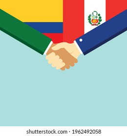 Der Handschlag und zwei Flaggen Kolumbien und Peru. Flache Vektorgrafik.