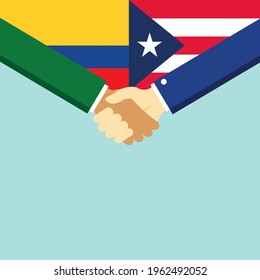 The handshake and two flags Colombia and Puerto Rico. Flat style vector illustration.