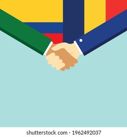El apretón de manos y dos banderas: Colombia y Rumania. Ilustración vectorial de estilo plano.