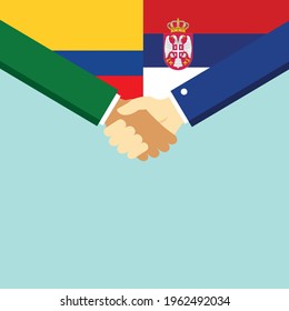 The handshake and two flags Colombia and Serbia. Flat style vector illustration.